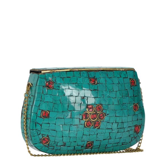Antik Kraft Boho Amoli Brass & Mosaic Crossbody Clutch Turquoise Anthropologie - Picture 2 of 14